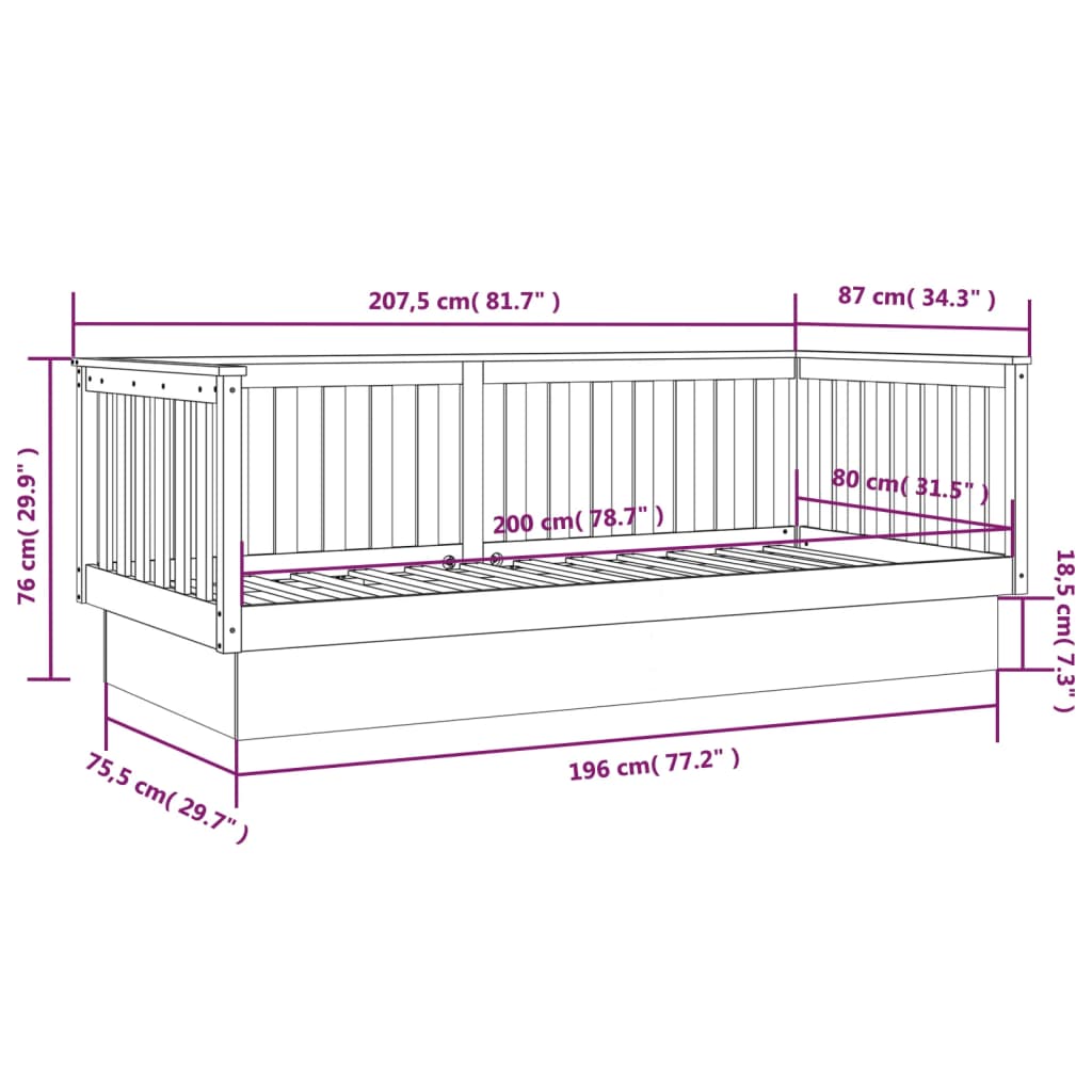 vidaXL Dagseng uten madrass hvit 80x200 cm heltre furu