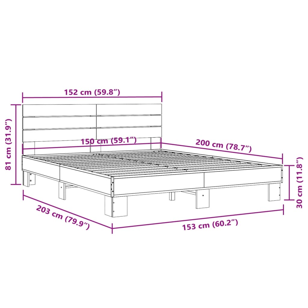 vidaXL Sengeramme røkt eik 150x200 cm konstruert tre og metall