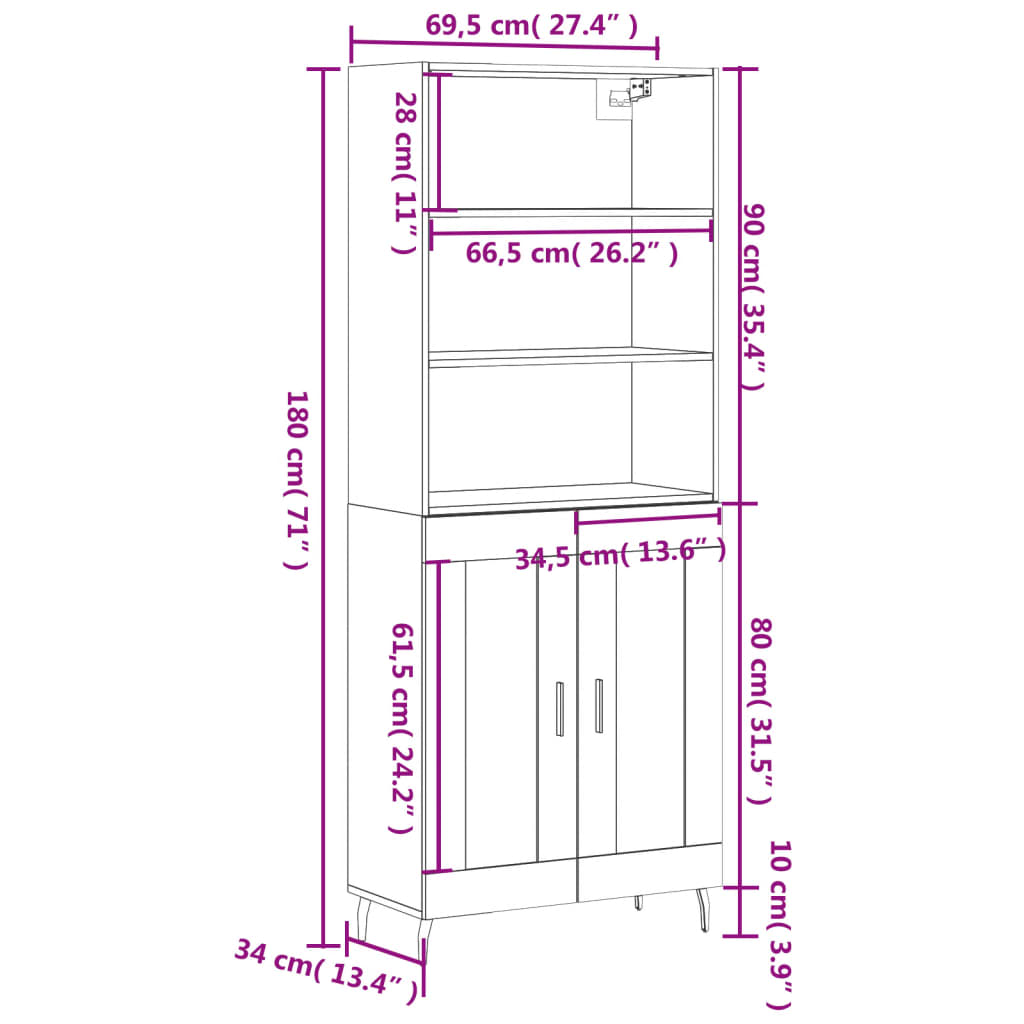 vidaXL Highboard svart 69,5x34x180 cm konstruert tre