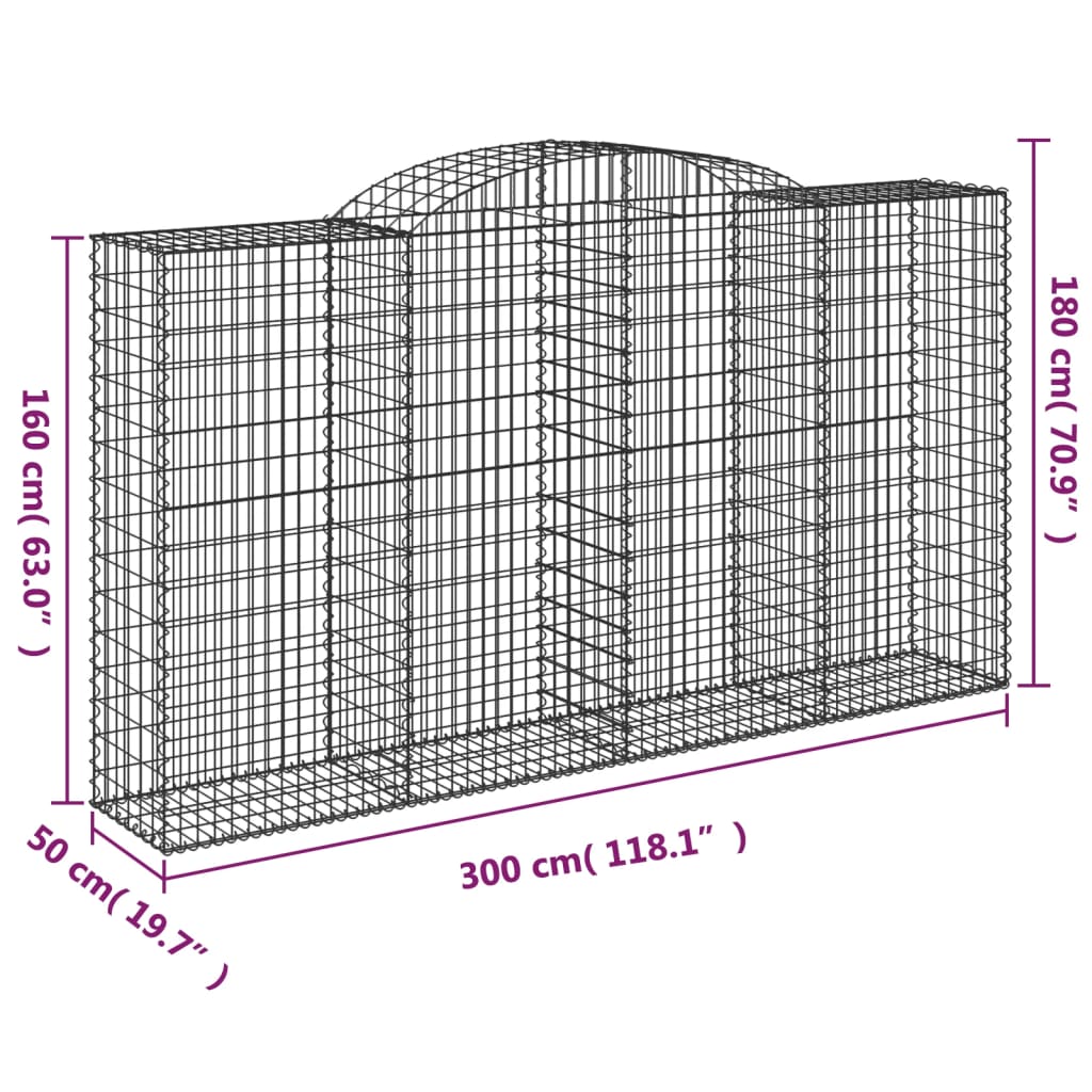 vidaXL Gabionkurver buede 17 stk 300x50x160/180 cm galvanisert jern