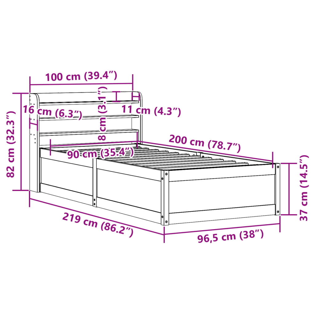 vidaXL Sengeramme med hodegavl hvit 90x200 cm heltre furu