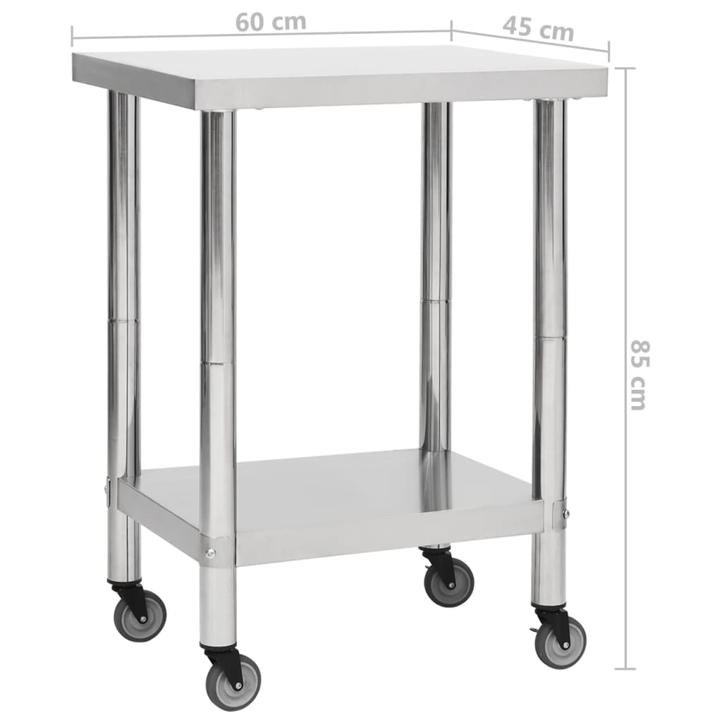 vidaXL Arbeidsbord for kjøkken med hjul 60x45x85 cm rustfritt stål