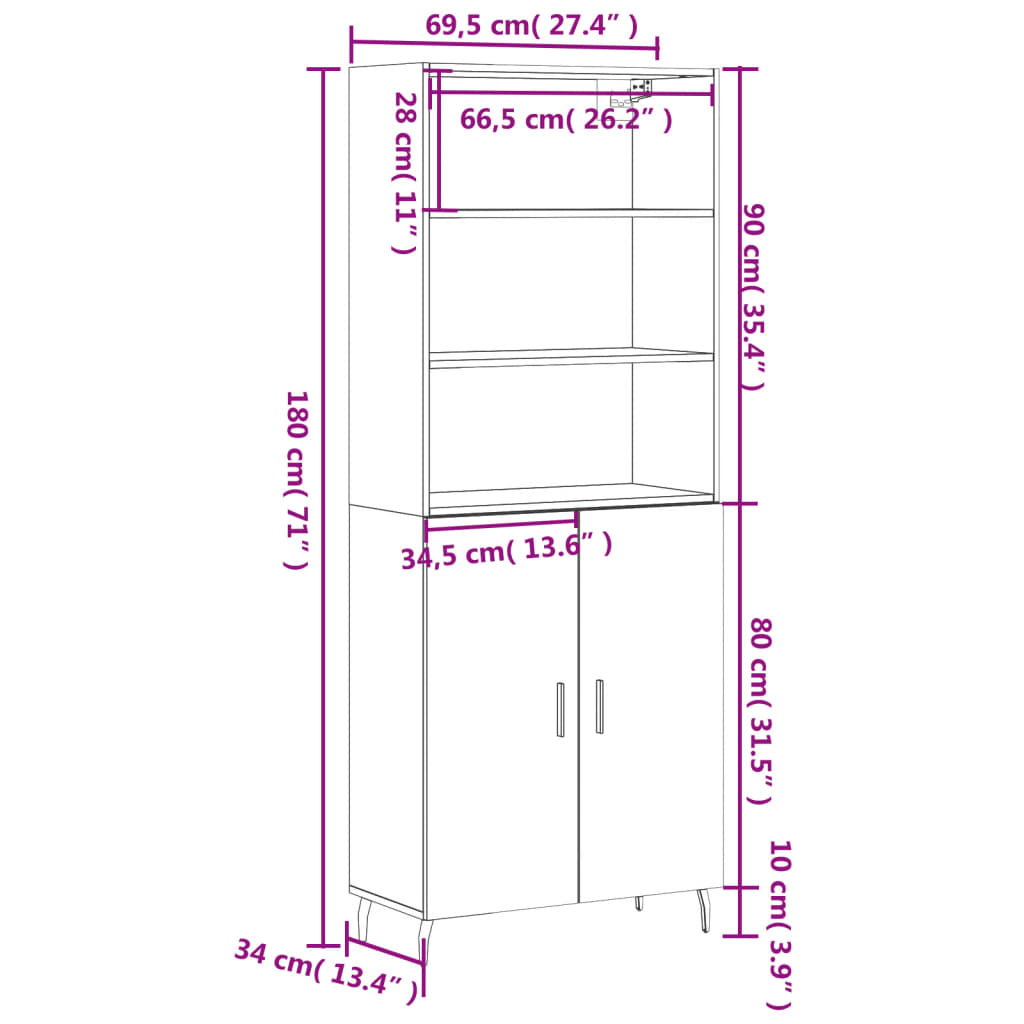 vidaXL Highboard røkt eik 69,5x34x180 cm konstruert tre