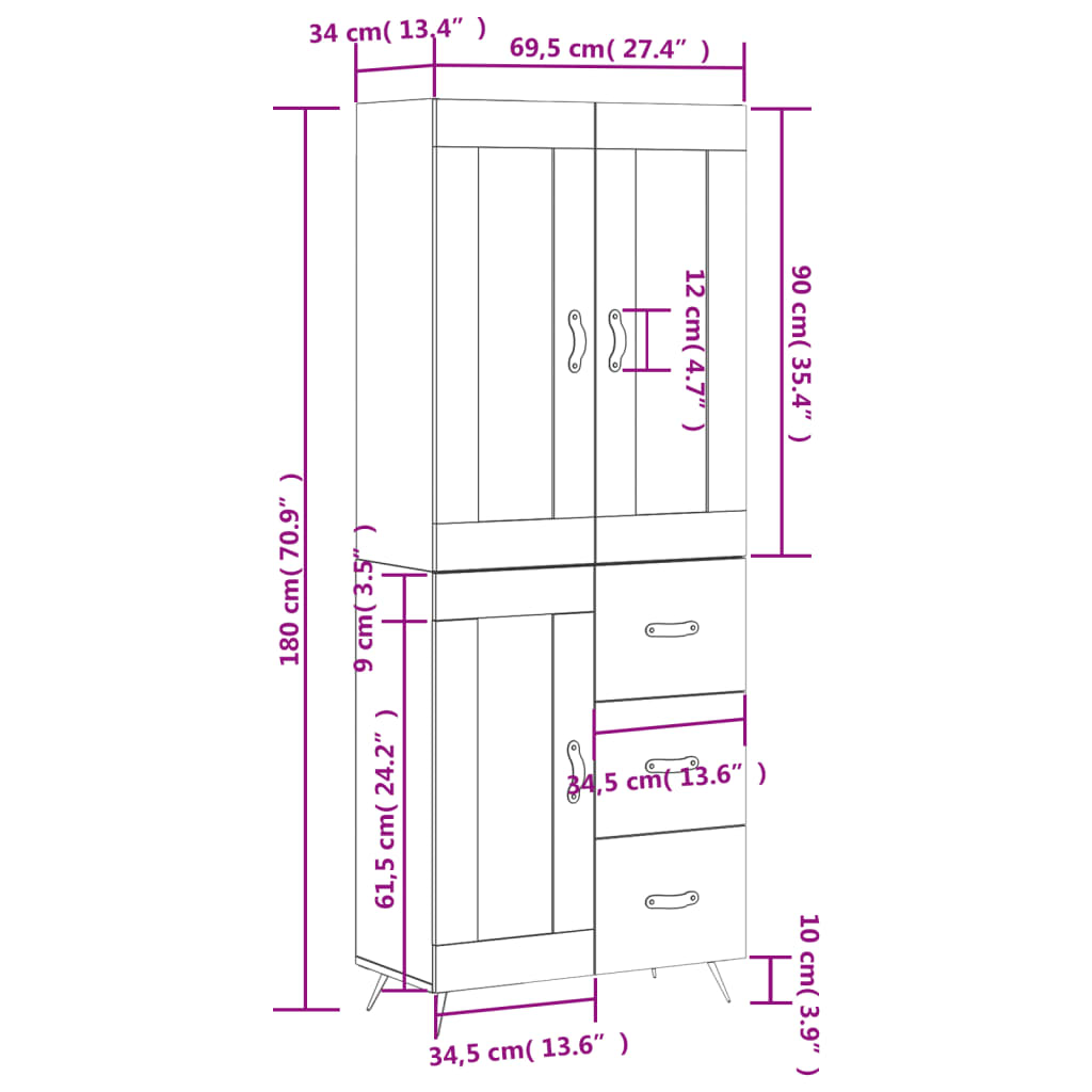 vidaXL Highboard brun eik 69,5x34x180 cm konstruert tre