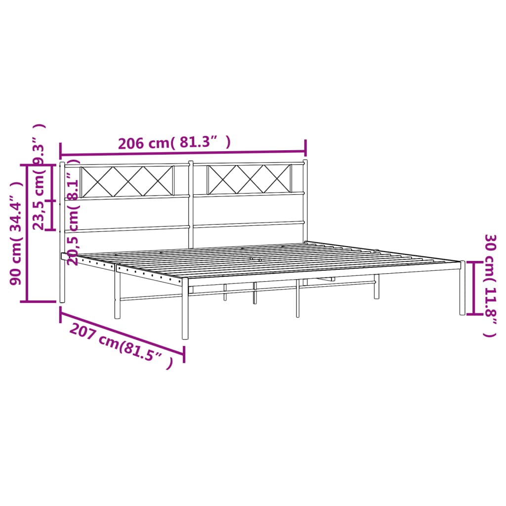 vidaXL Sengeramme i metall med sengegavl svart 200x200 cm