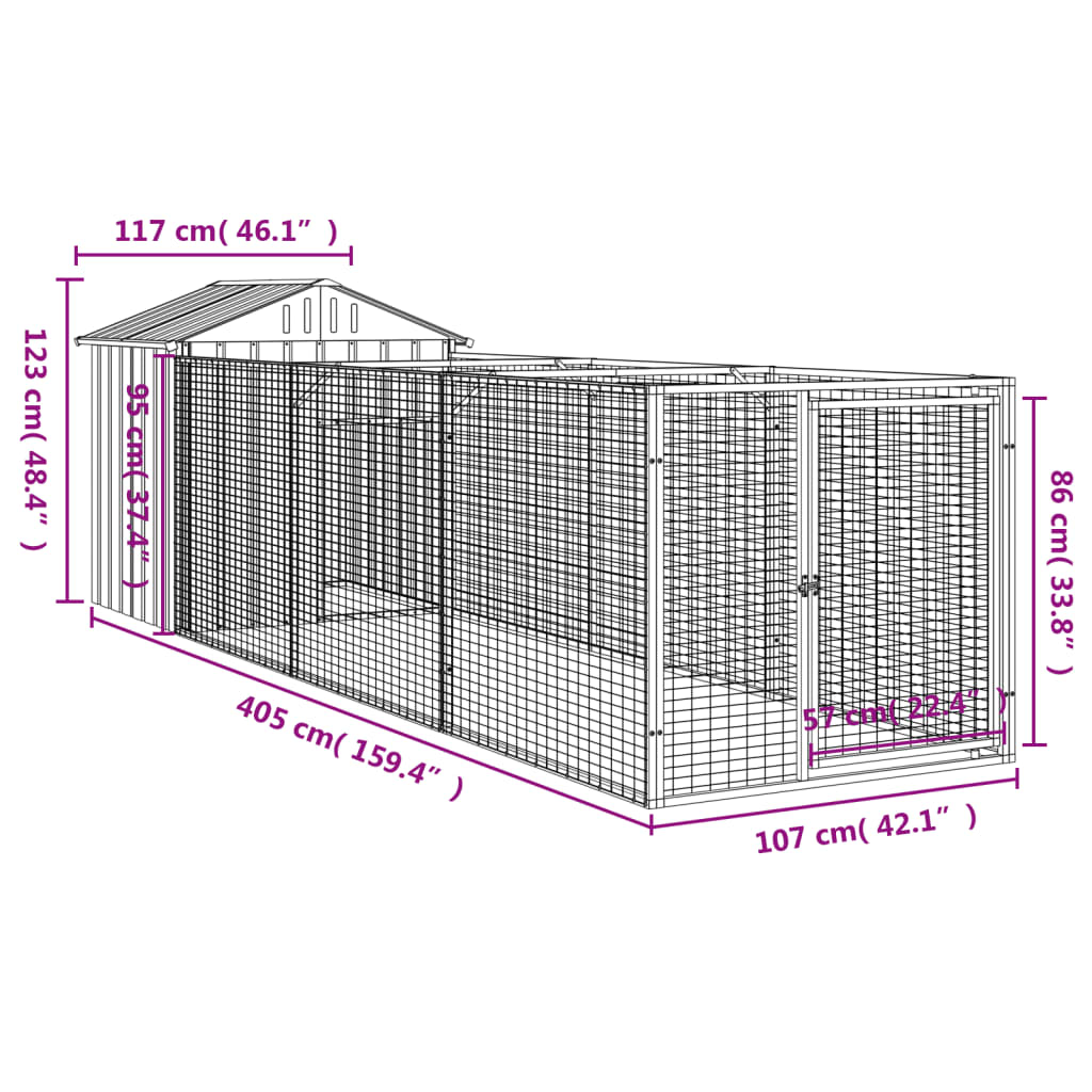 vidaXL Hundehus med tak lysegrå 117x405x123 cm galvanisert stål