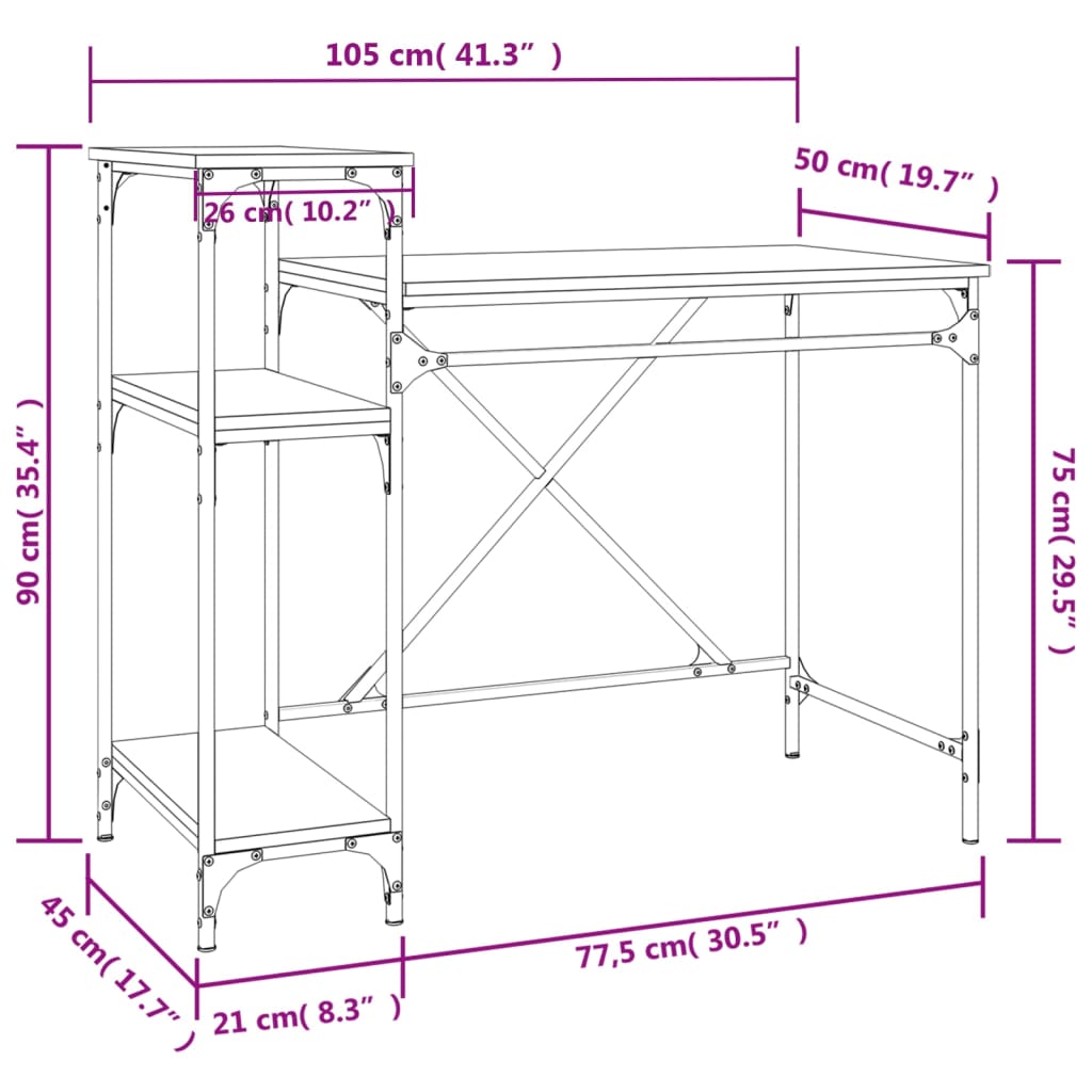 vidaXL Skrivebord med hyller brun eik 105x50x90 cm konstruert tre jern