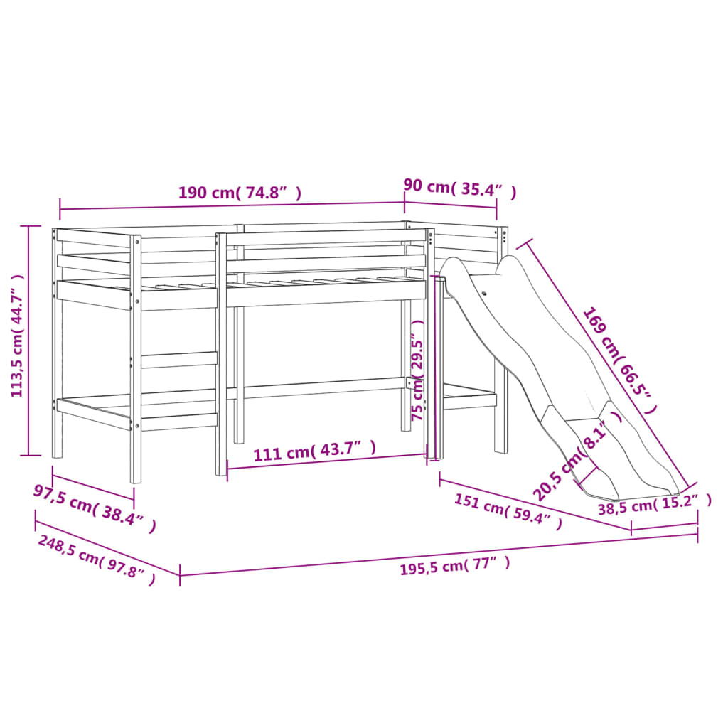 vidaXL Køyeseng for barn med gardiner blå 90x190 cm heltre furu