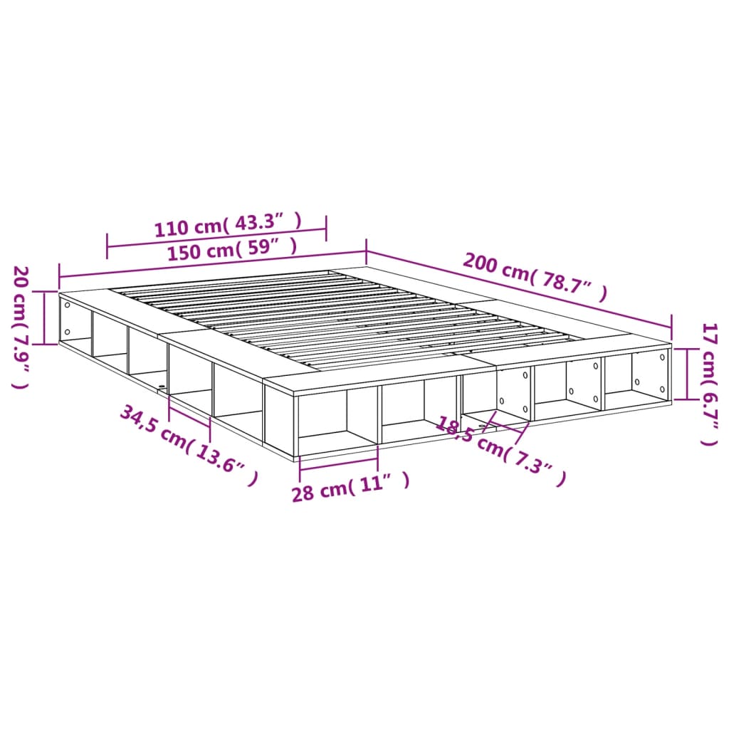 vidaXL Sengeramme grå sonoma 150x200 cm konstruert tre