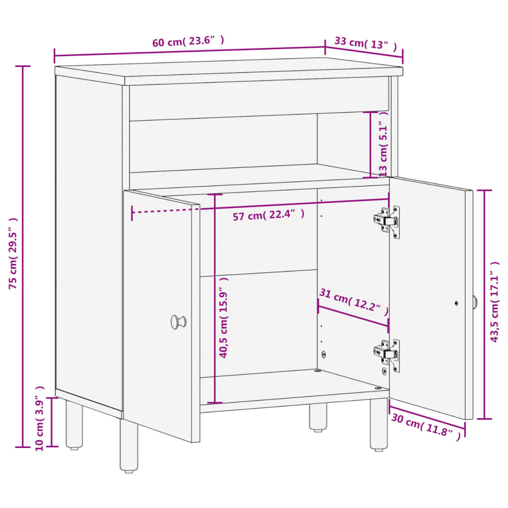 vidaXL Sideskap svart 60x33x75 cm heltre mango