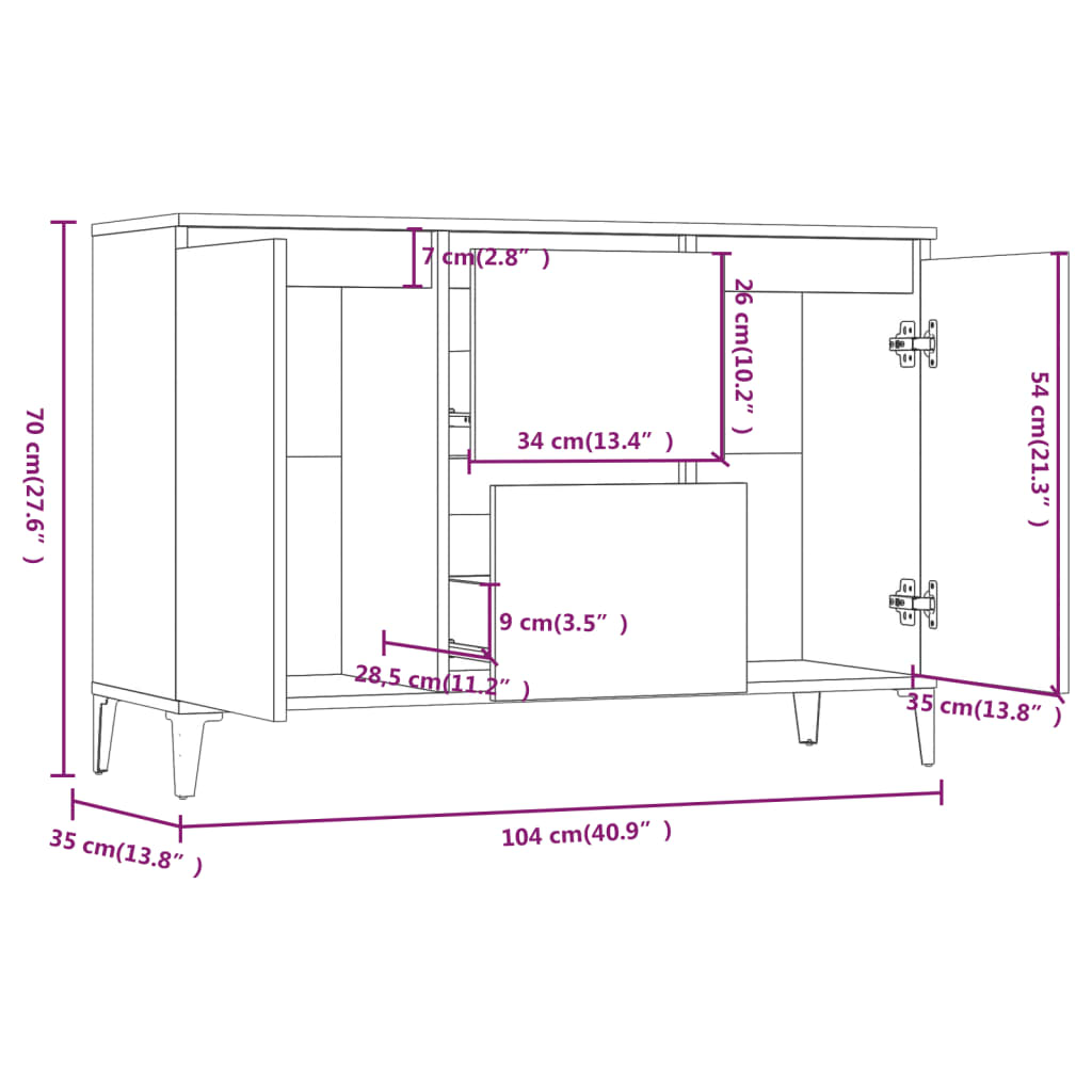 vidaXL Skjenk brun eik 104x35x70 cm konstruert tre