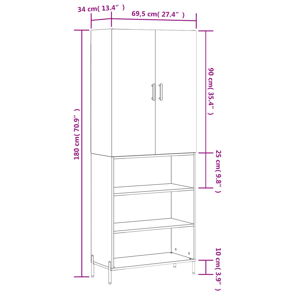 vidaXL Highboard grå sonoma 69,5x34x180 cm konstruert tre