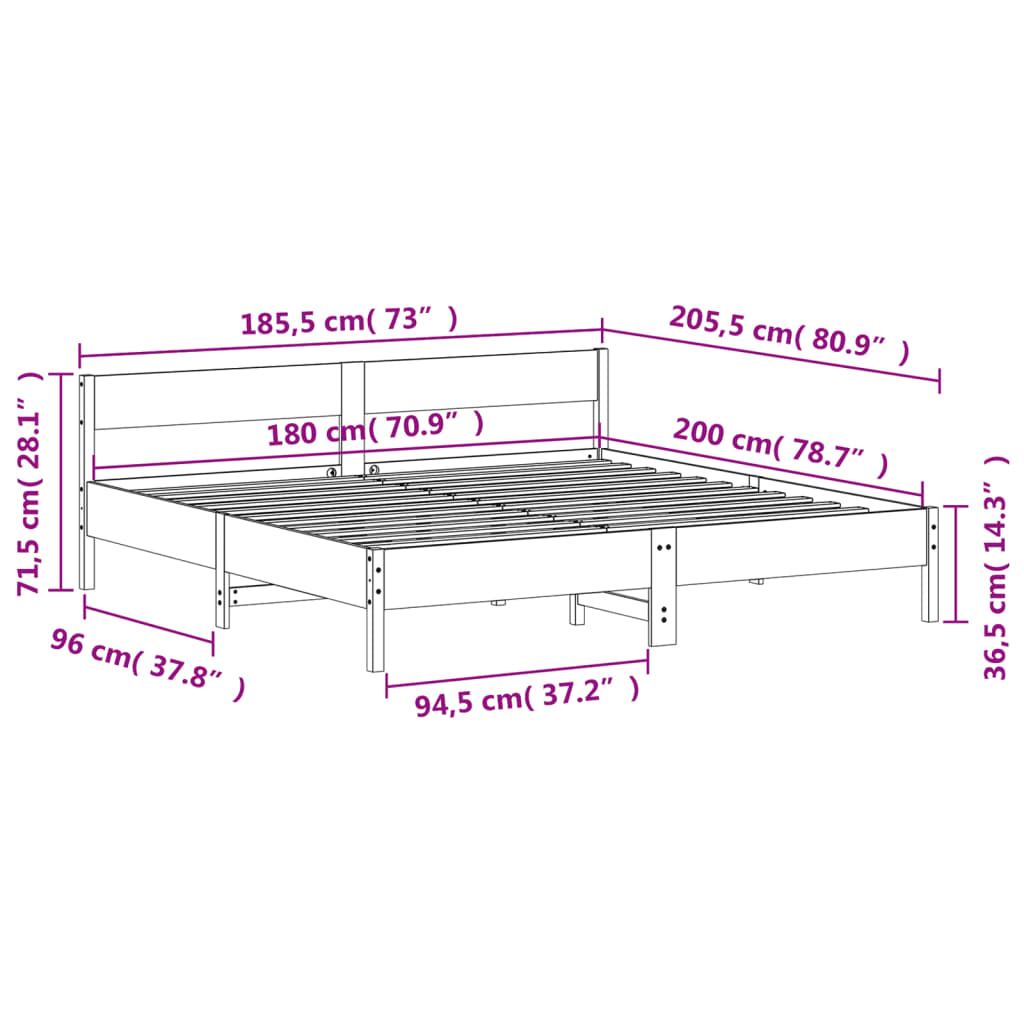 vidaXL Sengeramme uten madrass hvit 180x200 cm heltre furu