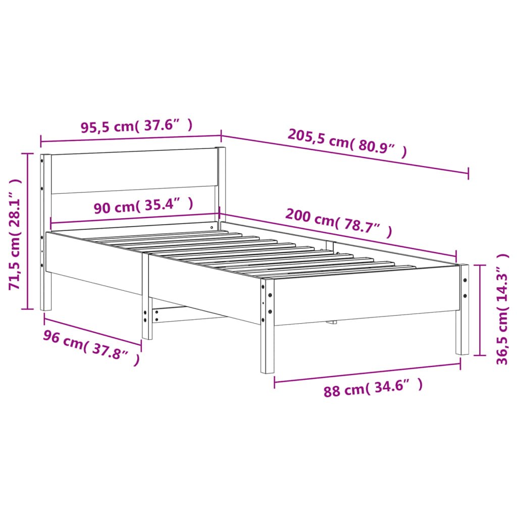 vidaXL Sengeramme uten madrass hvit 90x200 cm heltre furu