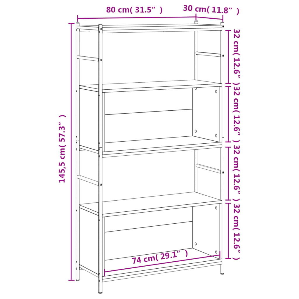 vidaXL Bokhylle sonoma eik 80x30x145,5 cm konstruert tre og jern