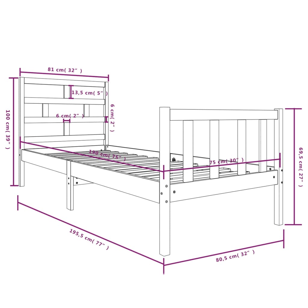 vidaXL Sengeramme heltre furu 75x190 cm Small Single