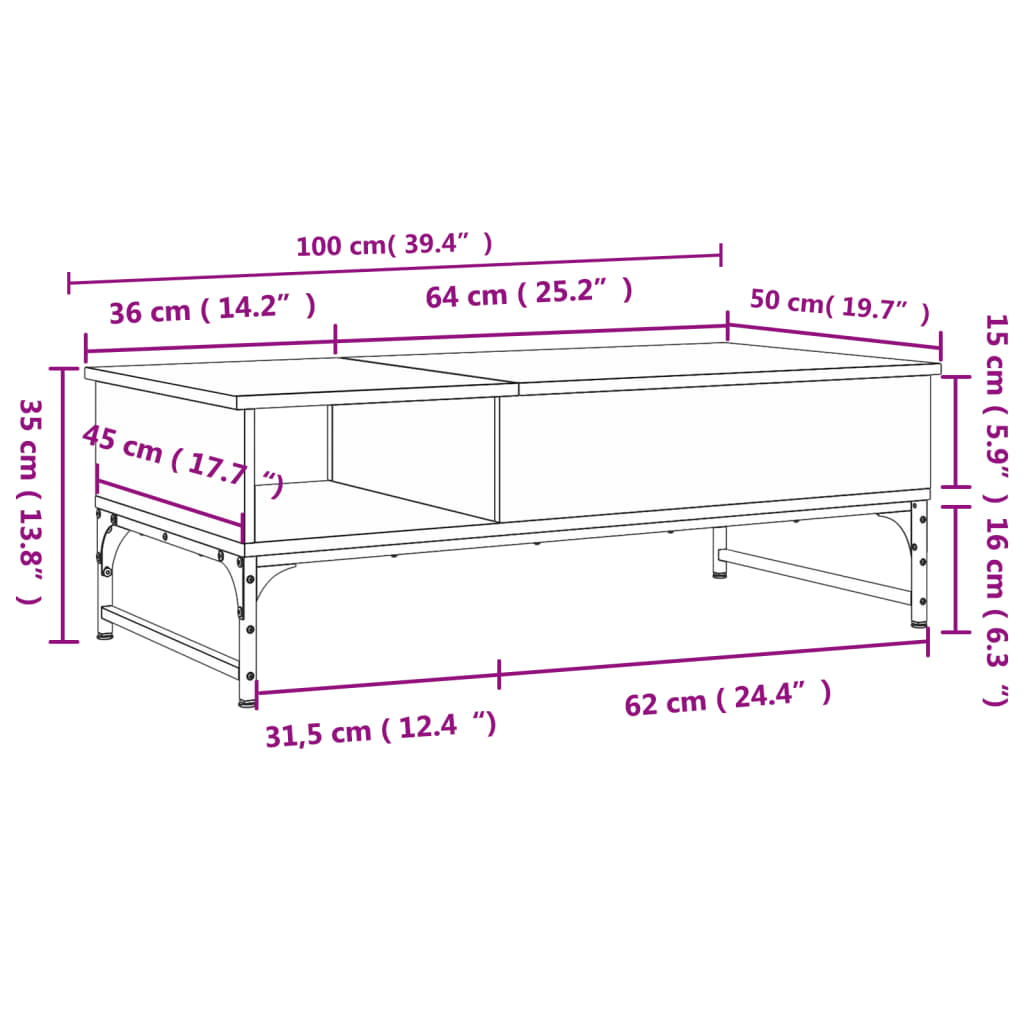 vidaXL Salongbord røkt eik 100x50x35 cm konstruert tre og metall