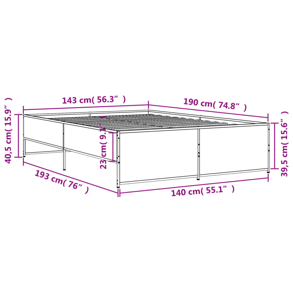 vidaXL Sengeramme grå sonoma 140x190 cm konstruert tre og metall