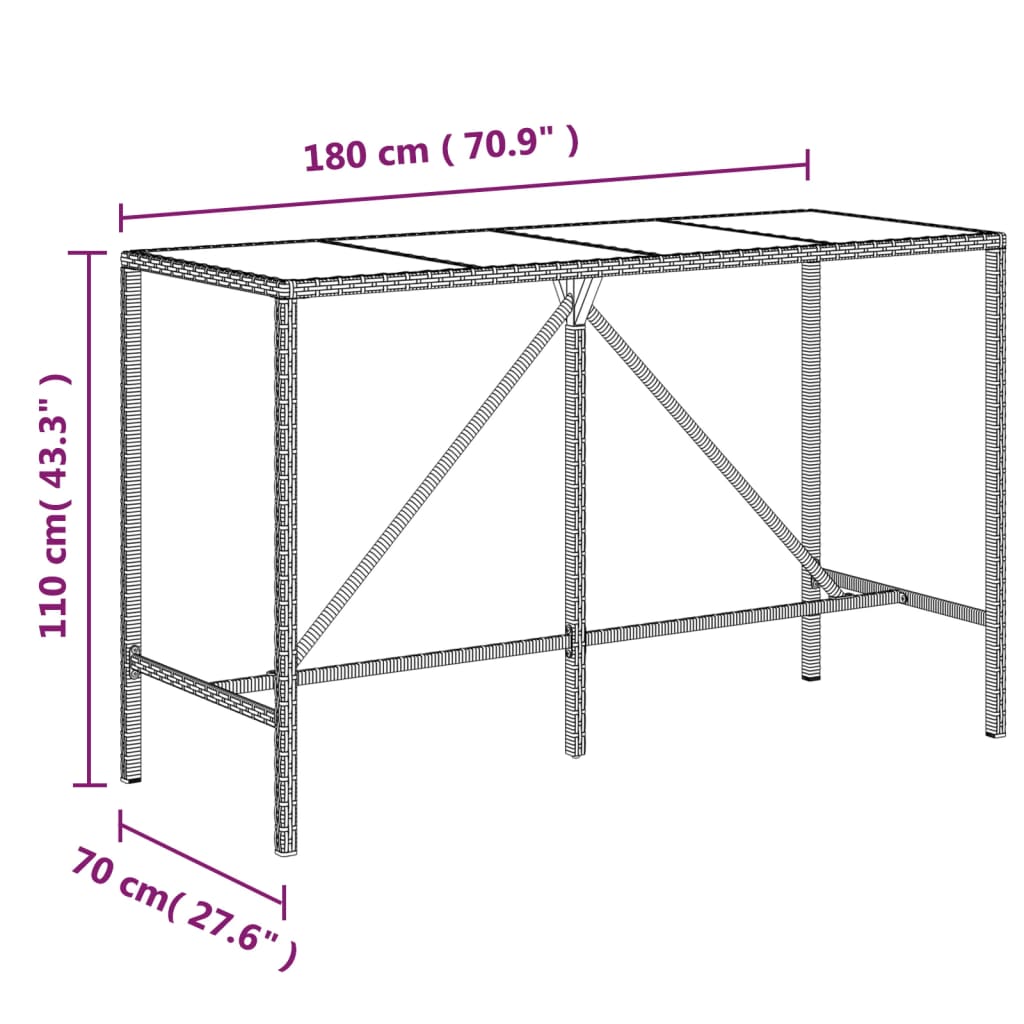 vidaXL Barbord med glassplate brun 180x70x110 cm polyrotting