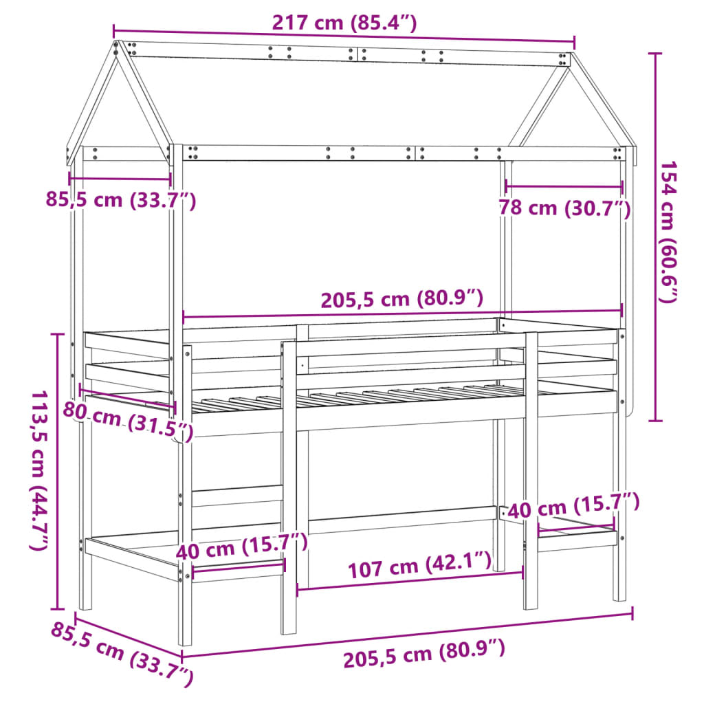 vidaXL Køyeseng med stige og tak hvit 80x200 cm heltre furu