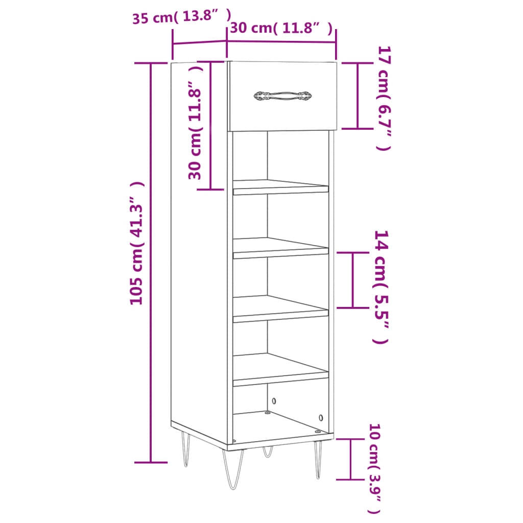 vidaXL Skoskap høyglans hvit 30x35x105 cm konstruert tre