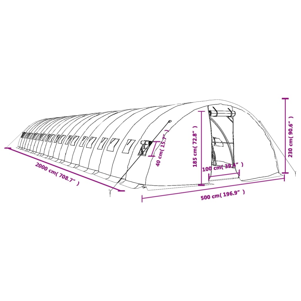 vidaXL Drivhus med stålramme hvit 100 m² 20x5x2,3 m