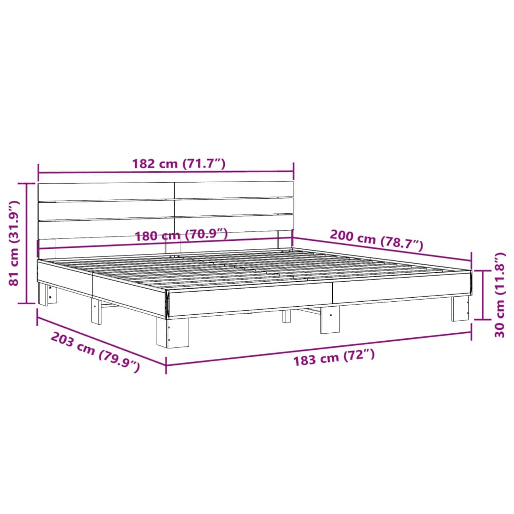 vidaXL Sengeramme røkt eik 180x200 cm konstruert tre og metall