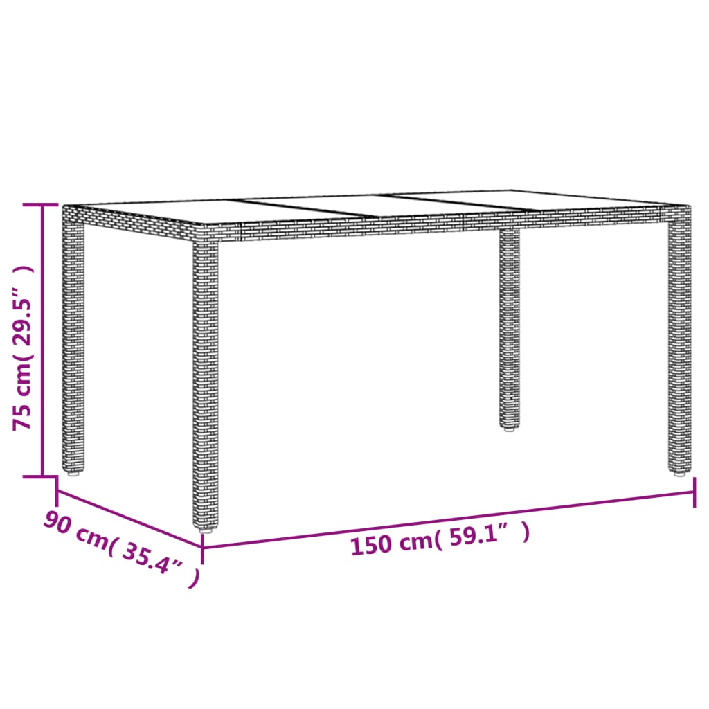 vidaXL Hagebord med glassplate svart 150x90x75 cm polyrotting