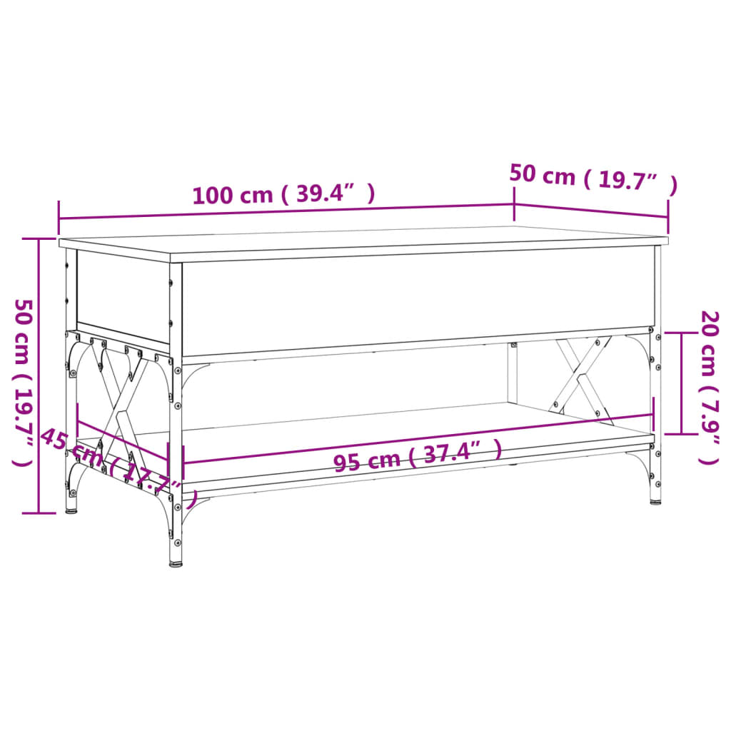 vidaXL Salongbord røkt eik 100x55x50 cm konstruert tre og metall