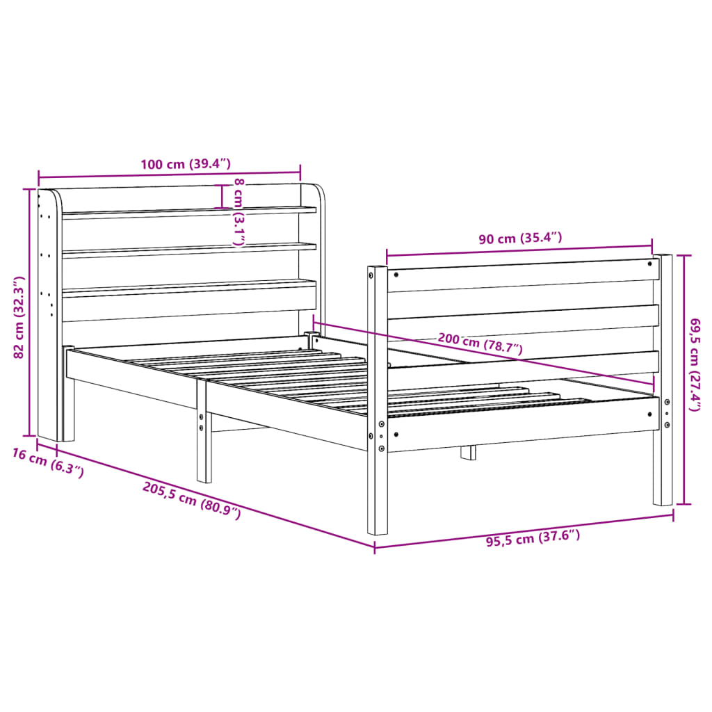 vidaXL Sengeramme med hodegavl hvit 90x200 cm heltre furu