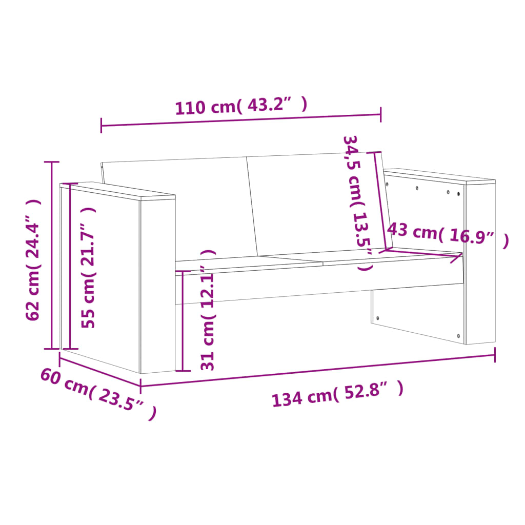 vidaXL Hagesofa 2-seters 134x60x62 cm heltre furu