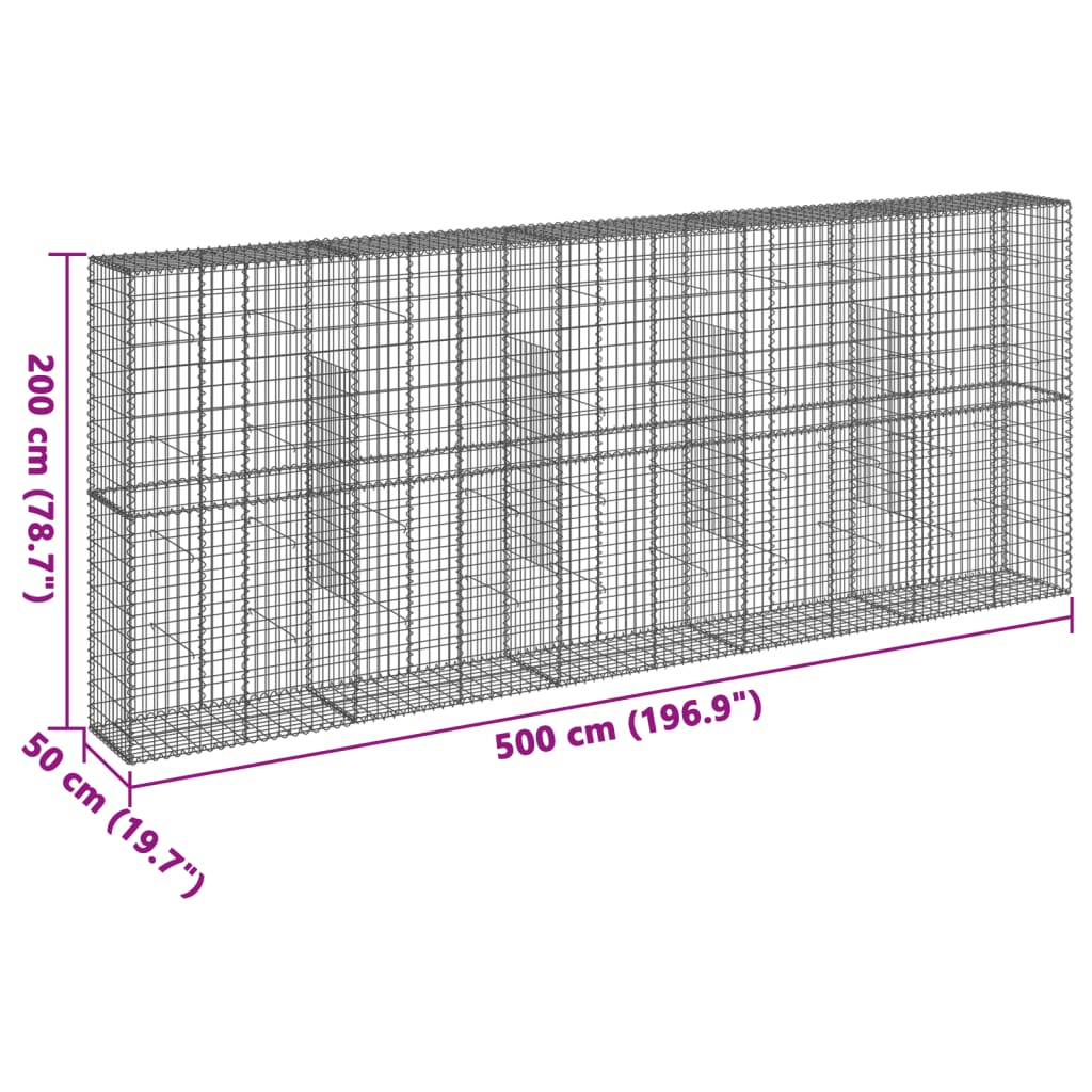 vidaXL Gabionkurv med deksel 500x50x200 cm galvanisert jern