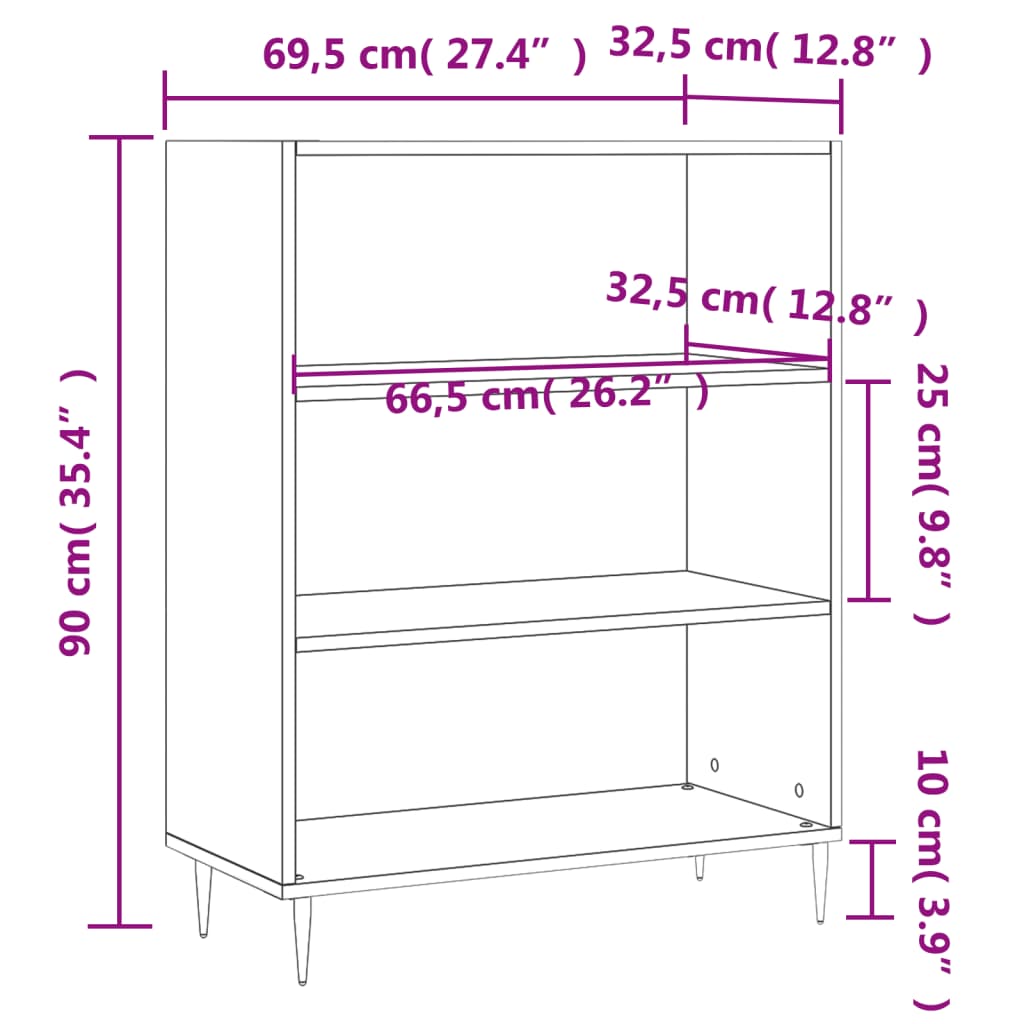 vidaXL Bokhylle hvit 69,5x32,5x90 cm konstruert tre