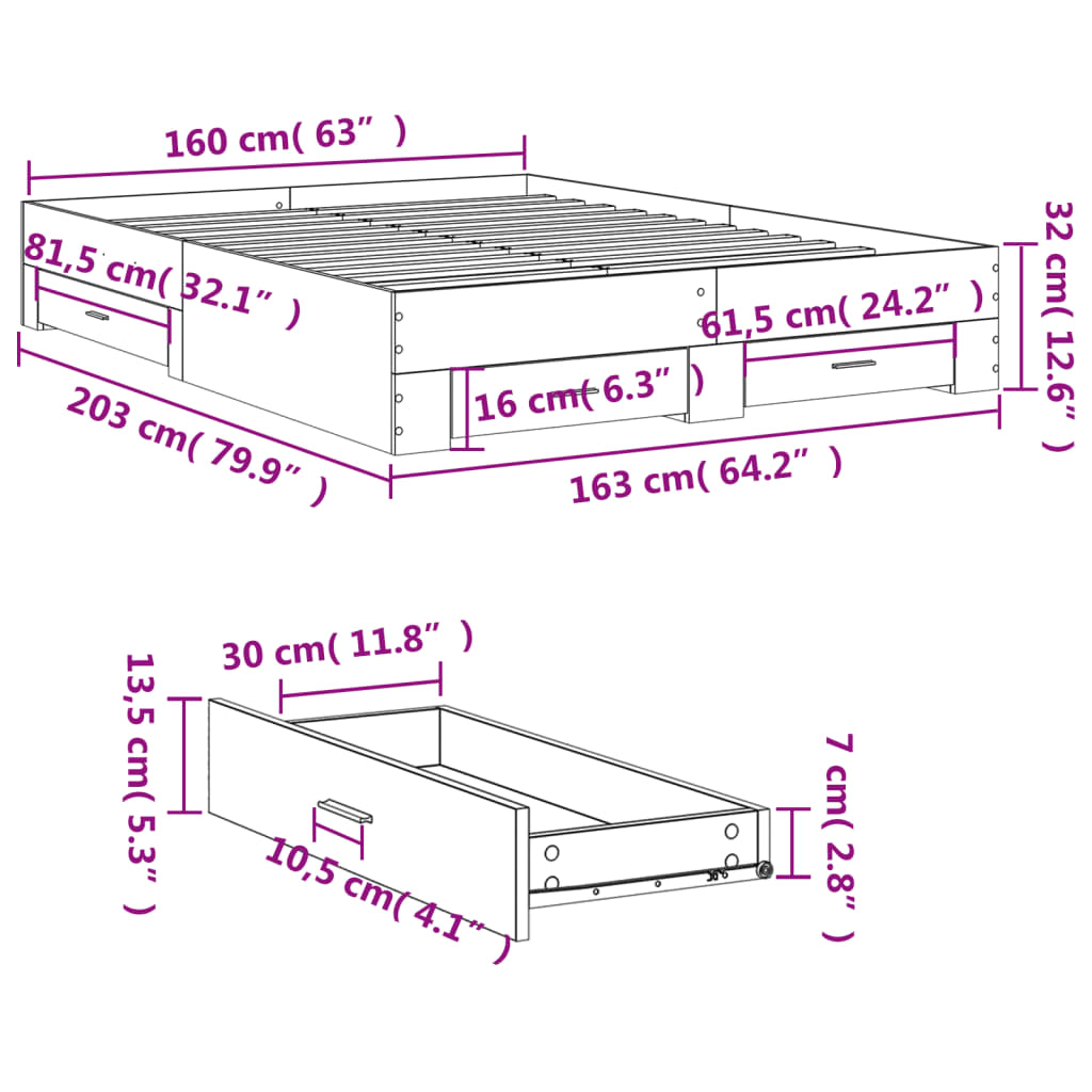 vidaXL Sengeramme med skuffer brun eik 160x200 cm konstruert tre