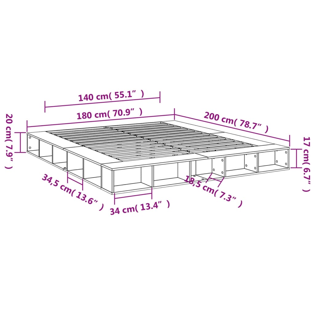 vidaXL Sengeramme betonggrå 180x200 cm konstruert tre