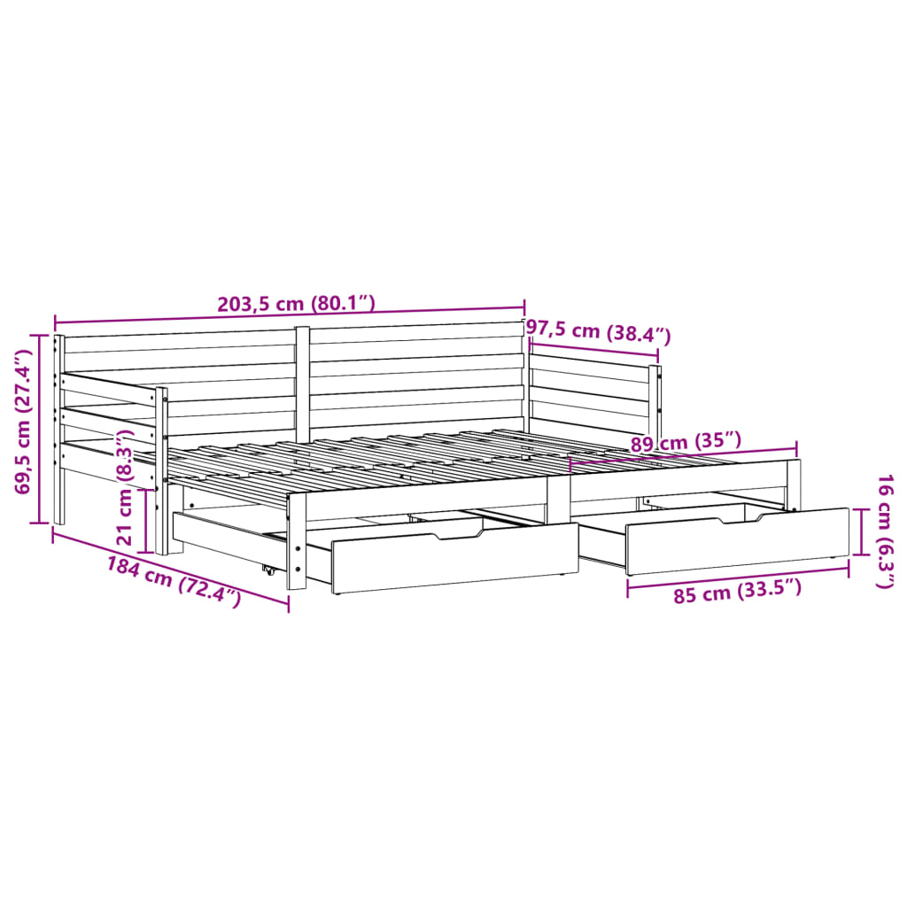 vidaXL Uttrekkbar dagseng med skuffer uten madrass hvit 90x200 cm