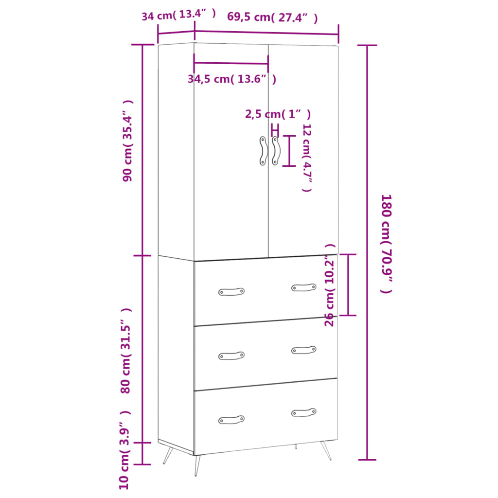 vidaXL Highboard høyglans hvit 69,5x34x180 cm konstruert tre