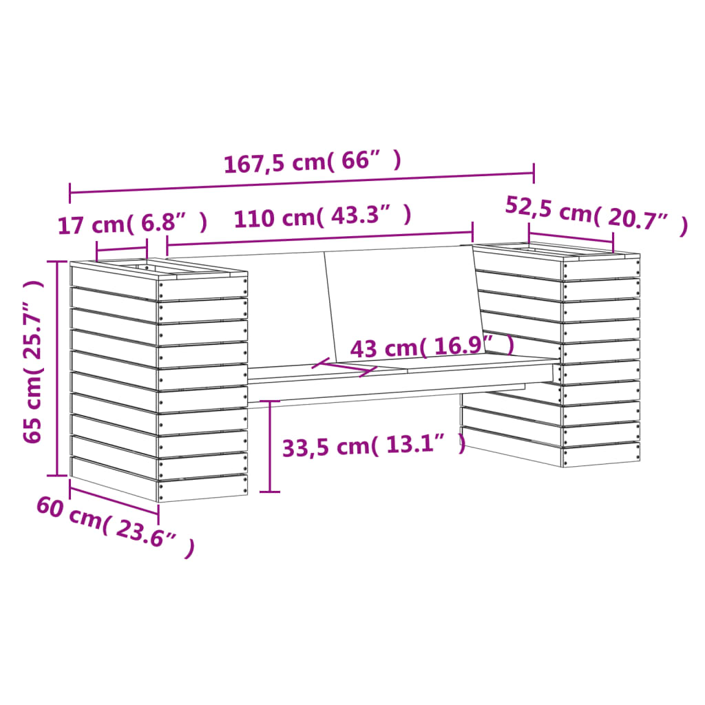 vidaXL Benk med plantekasser hvit 167,5x60x65 cm heltre furu