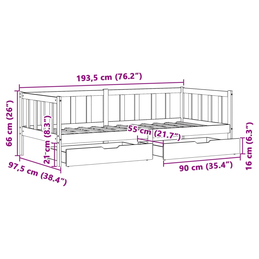 vidaXL Dagseng med skuffer hvit 90x190 cm heltre furu