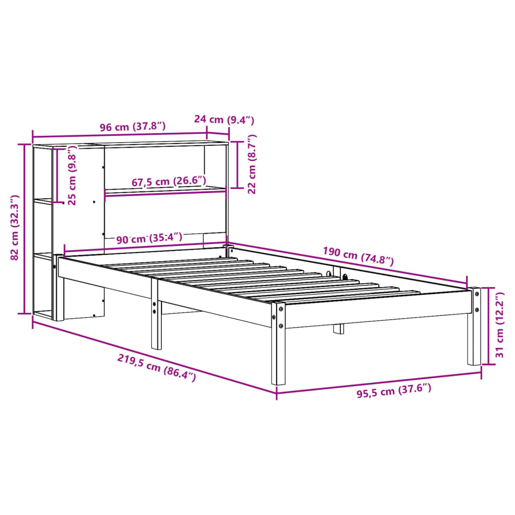 vidaXL Seng med bokhylle uten madrass 90x190 cm heltre furu