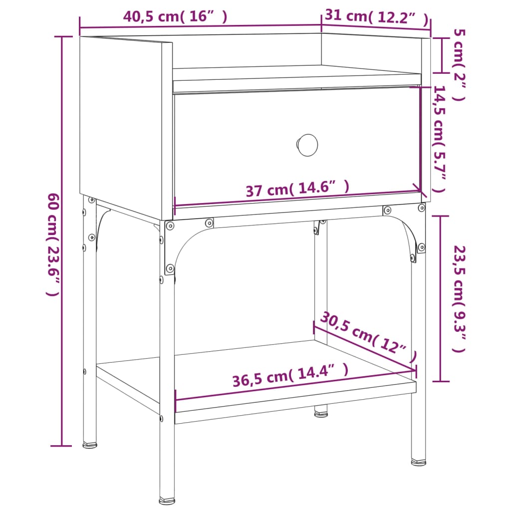 vidaXL Nattbord 2 stk røkt eik 40,5x31x60 cm konstruert tre