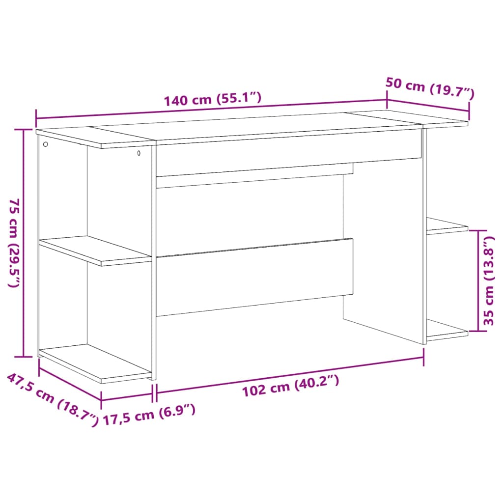 vidaXL Skrivebord grå sonoma 140x50x75 cm konstruert tre