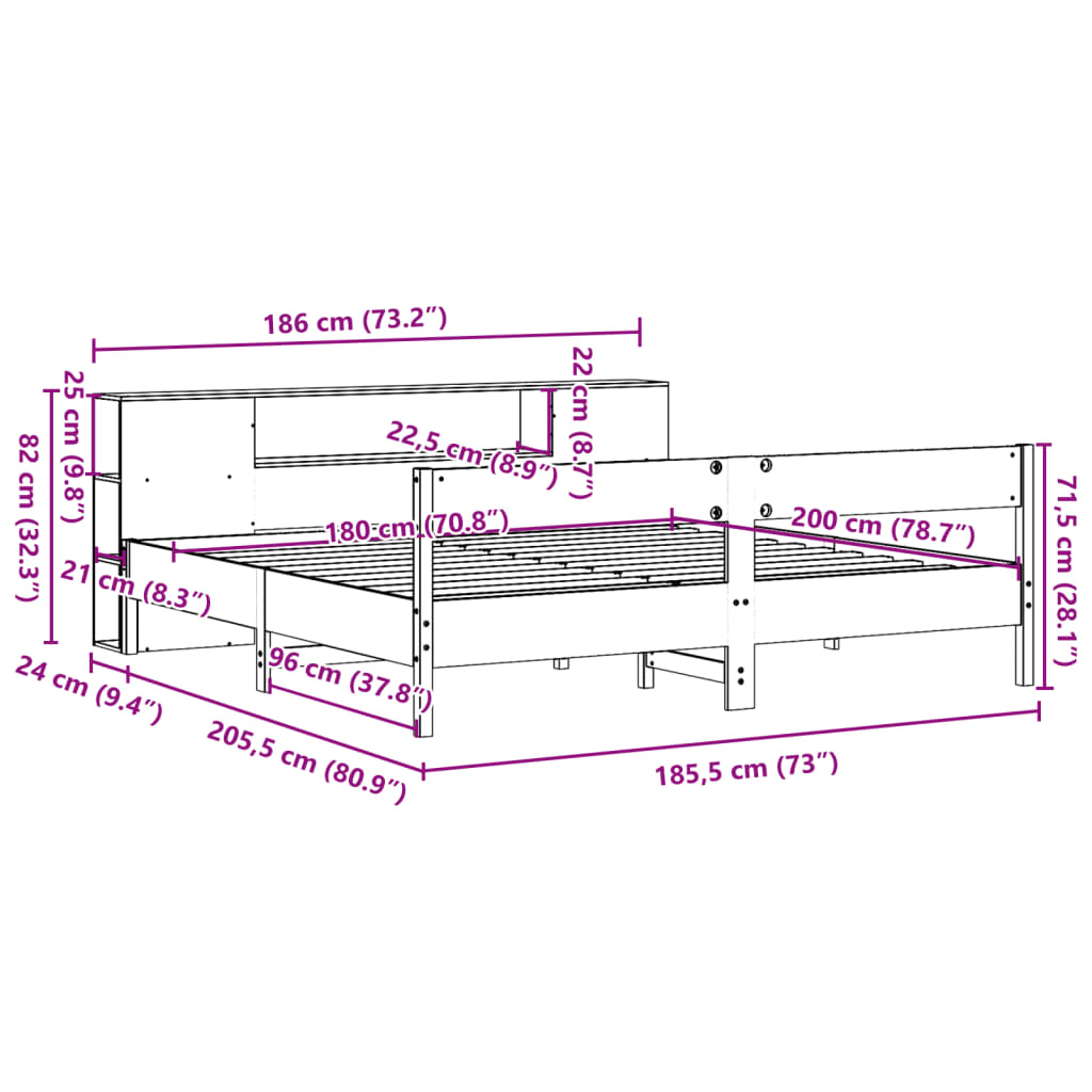 vidaXL Seng med bokhylle uten madrass hvit 180x200 cm heltre furu