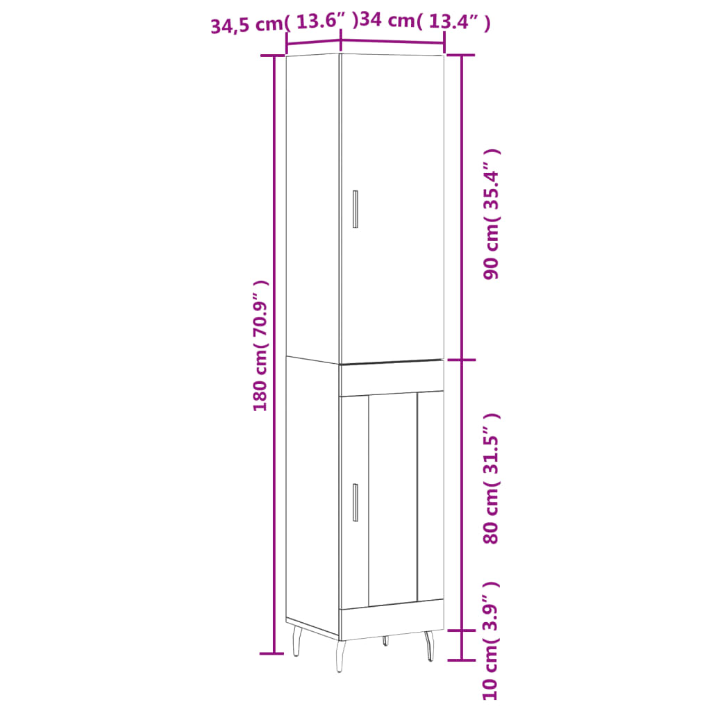 vidaXL Highboard hvit 34,5x34x180 cm konstruert tre