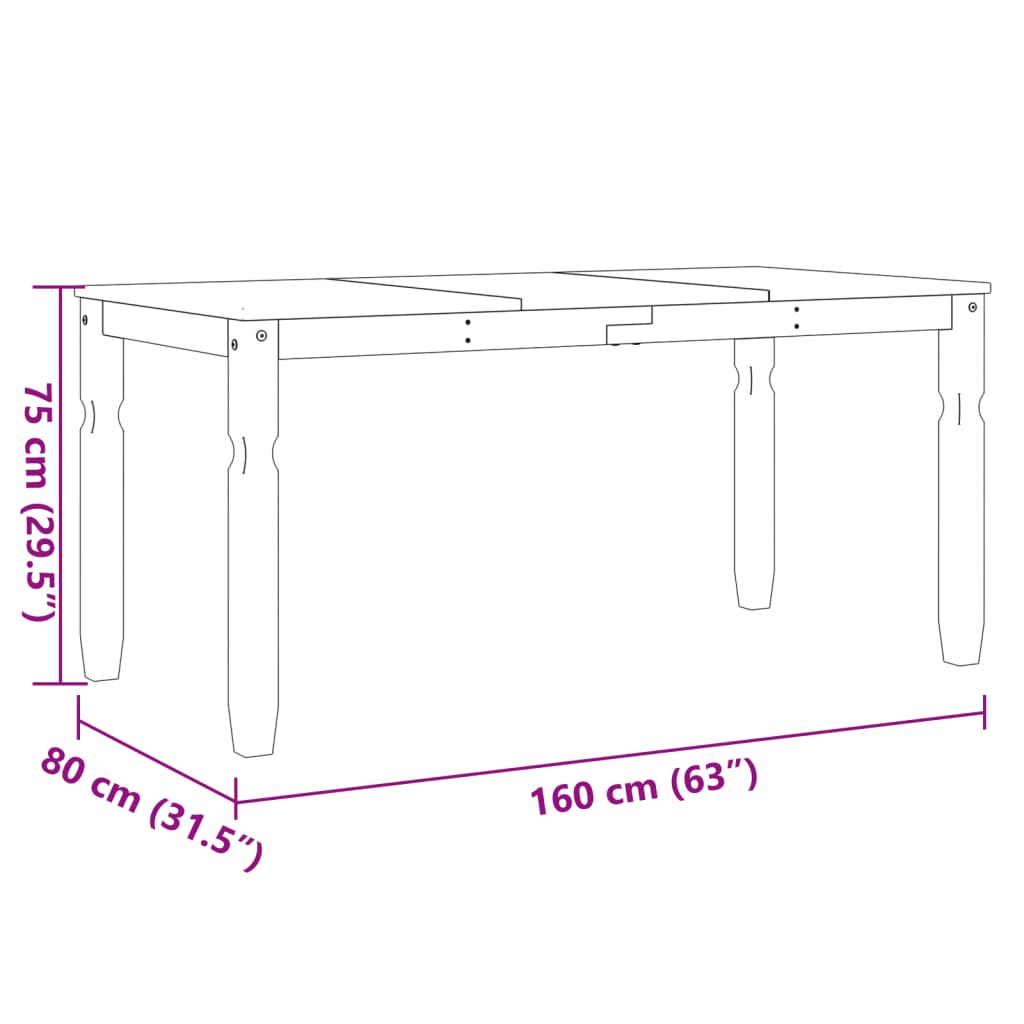 vidaXL Spisebord Corona 160x80x75 cm heltre furu