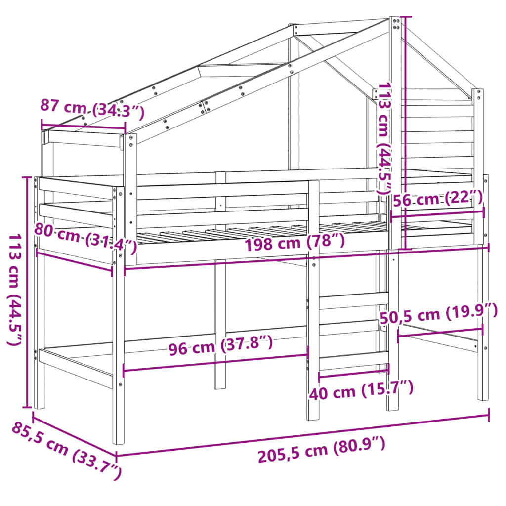 vidaXL Køyeseng med stige og tak 80x200 cm heltre furu