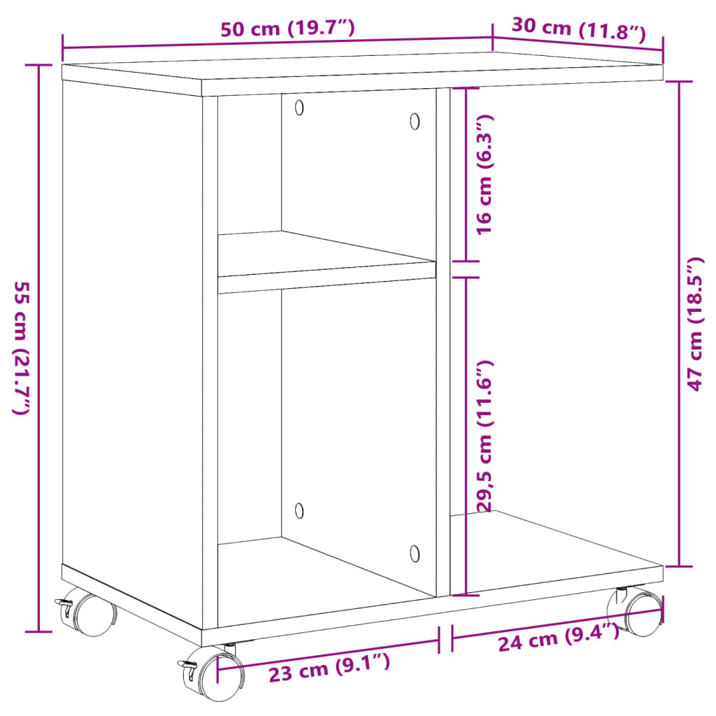 vidaXL Sidebord med hjul betonggrå 50x30x55 cm konstruert tre