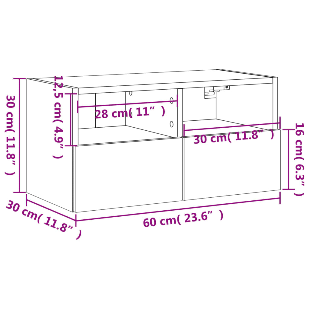 vidaXL Vegghengt TV-benk brun eik 60x30x30 cm konstruert tre