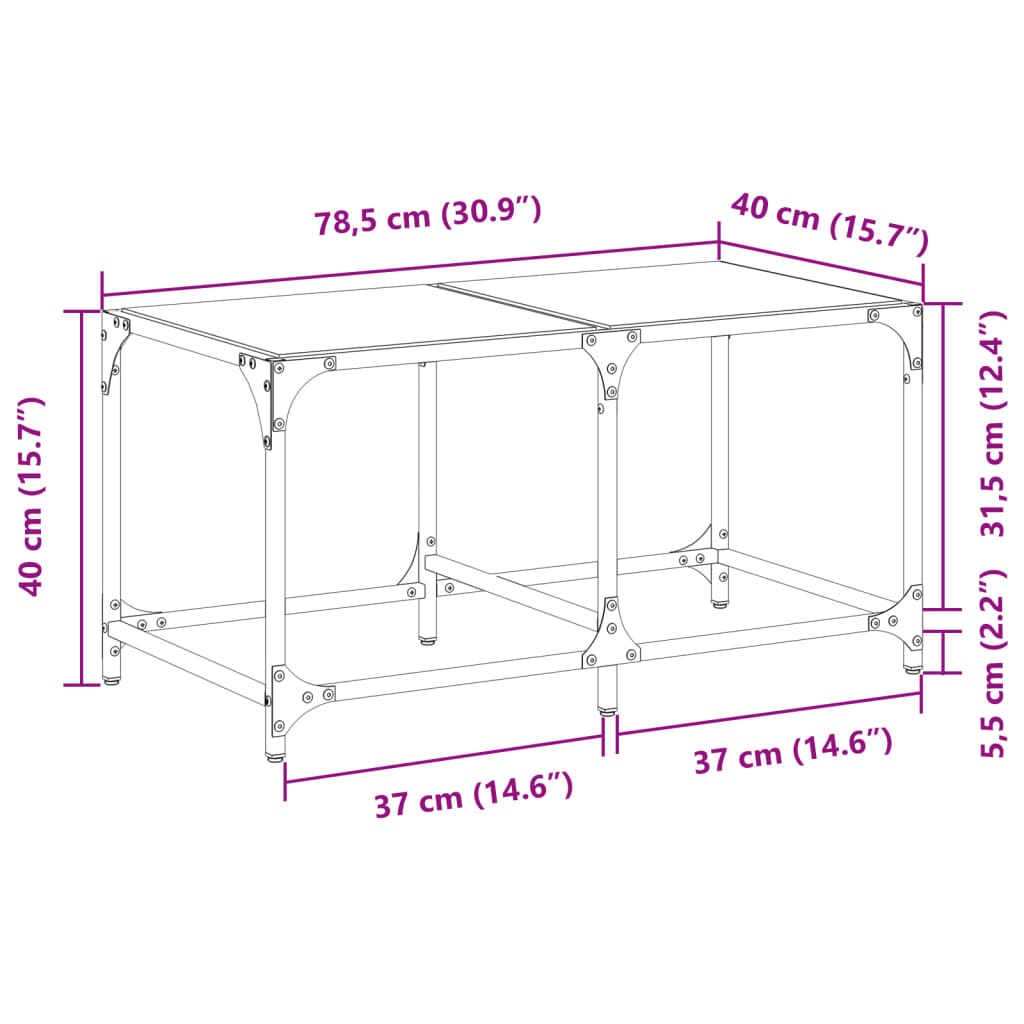 vidaXL Sofabord med gjennomsiktig glassplate 78,5x40x40 cm stål