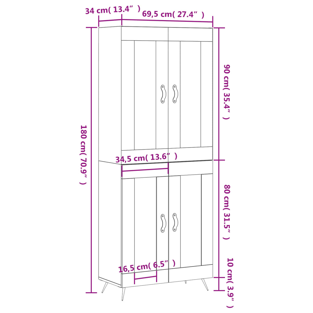 vidaXL Highboard betonggrå 69,5x34x180 cm konstruert tre